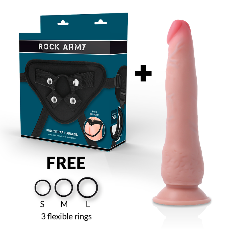 ROCKARMY Arnês com Dildo Realista Dupla Densidade, mostrando o dildo e o arnês de couro PU.