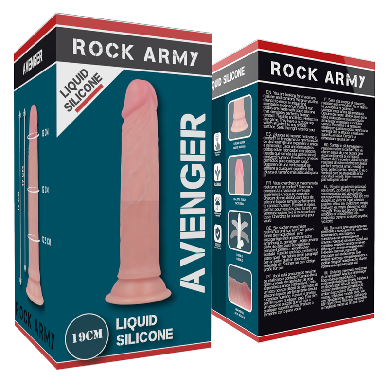 Close-up do ROCKARMY Arnês com Dildo Vibrador Realista Avenger 19cm, mostrando o dildo de silicone líquido e o arnês de couro PU.