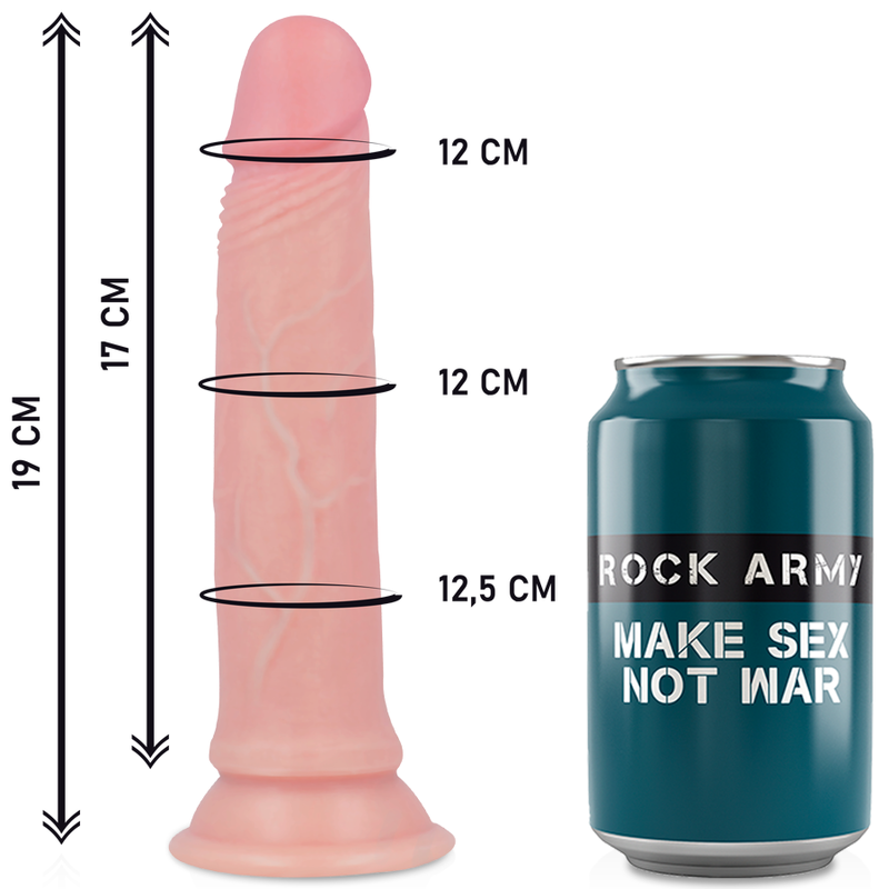 Close-up do ROCKARMY Arnês com Dildo Vibrador Realista Avenger 19cm, mostrando o dildo de silicone líquido e o arnês de couro PU.