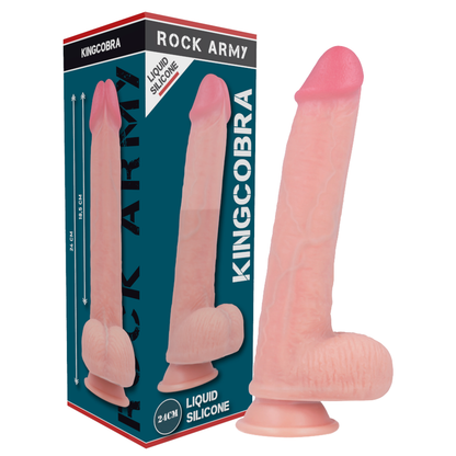 ROCKARMY Arnês e Dildo Silicone Líquido Premium Kingcobra 24cm, mostrando textura e detalhes realistas.