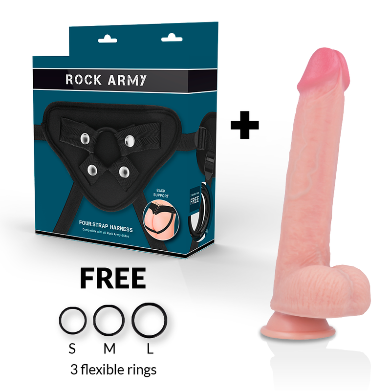 ROCKARMY Arnês e Dildo Silicone Líquido Premium Kingcobra 24cm, mostrando textura e detalhes realistas.