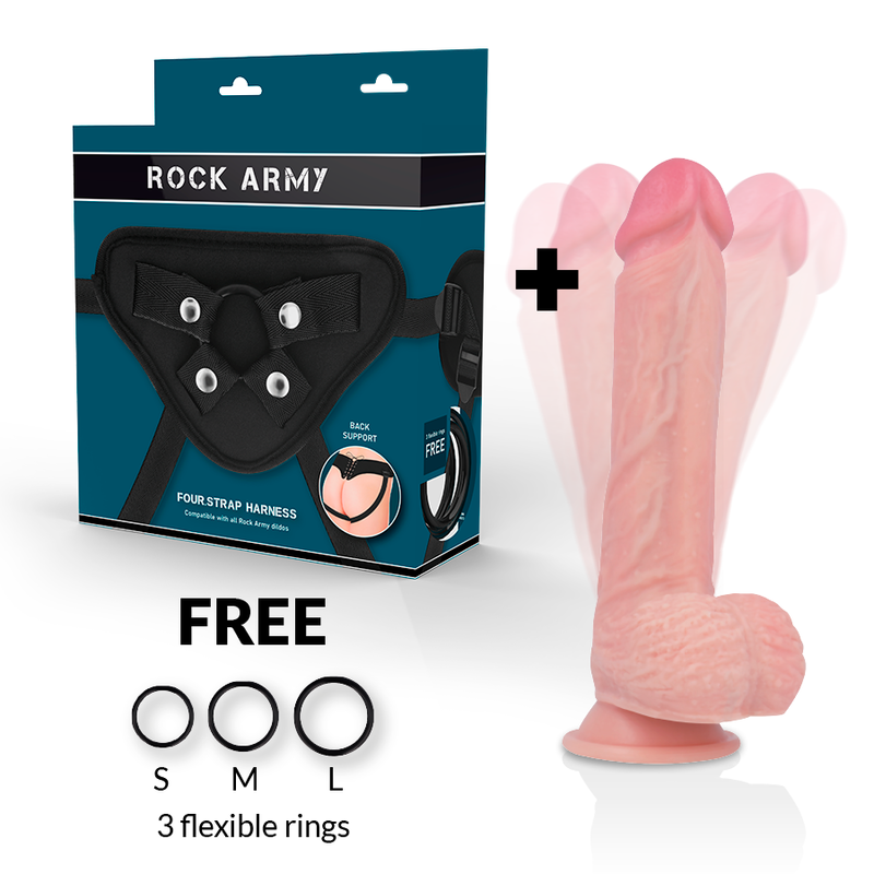 ROCKARMY Arnês com Vibrador Rotador Hawk, mostrando design realista e o arnês de couro PU.