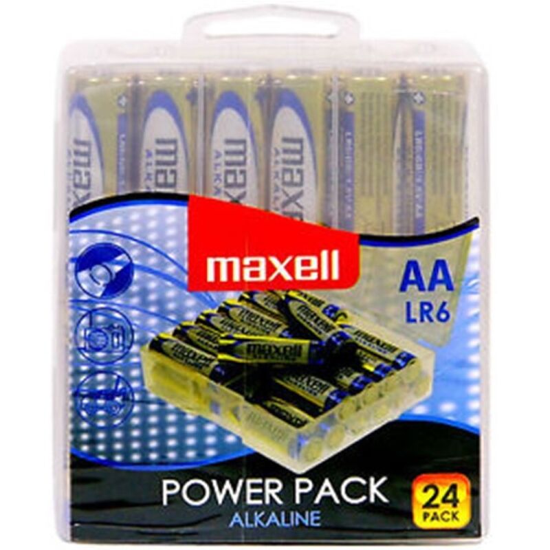 Pacote de bateria alcalina Maxell AA LR6 com 24 pilhas