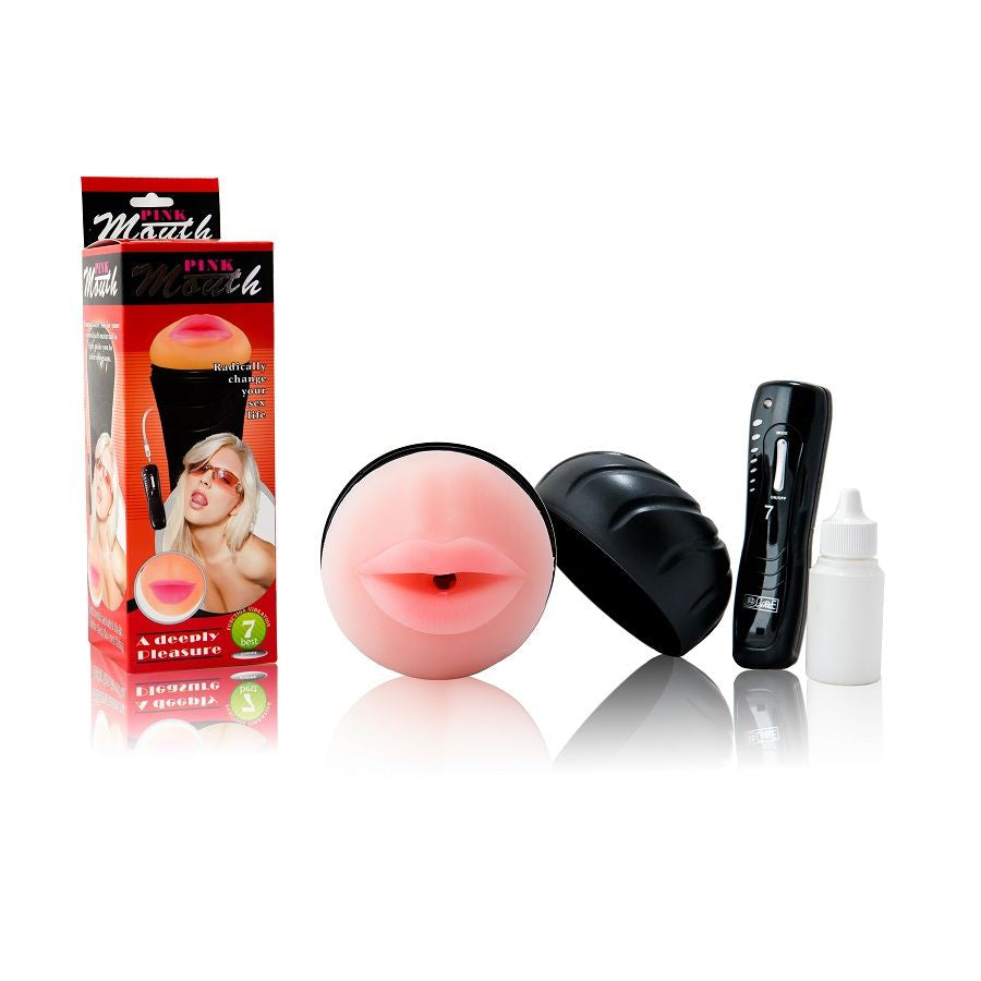 Close-up do Masturbador Boca BAILE com Vibrador, mostrando a textura Pure Skin e detalhes realistas.
