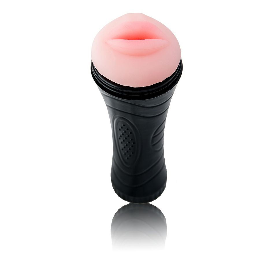 Close-up do Masturbador Boca BAILE com Vibrador, mostrando a textura Pure Skin e detalhes realistas.