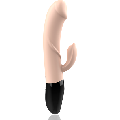 Vibrador recarregável Intense Magnus Dual na cor natural, mostrando o design ergonómico e as estrias para estimulação.