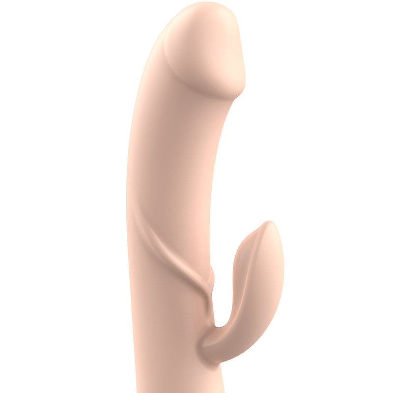 Vibrador recarregável Intense Magnus Dual na cor natural, mostrando o design ergonómico e as estrias para estimulação.