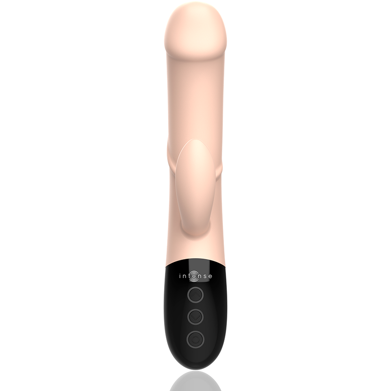 Vibrador recarregável Intense Magnus Dual na cor natural, mostrando o design ergonómico e as estrias para estimulação.