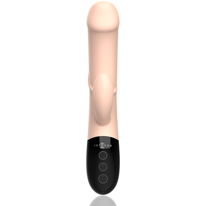 Vibrador recarregável Intense Magnus Dual na cor natural, mostrando o design ergonómico e as estrias para estimulação.