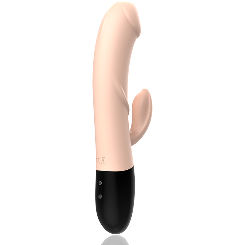 Vibrador recarregável Intense Magnus Dual na cor natural, mostrando o design ergonómico e as estrias para estimulação.