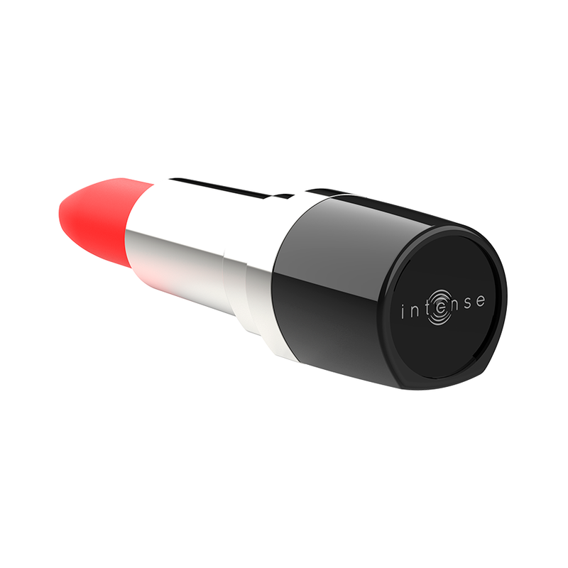Close-up do INTENSE Mini Vibrador Lippsy, destacando seu design elegante em formato de batom e ponta de silicone macia.