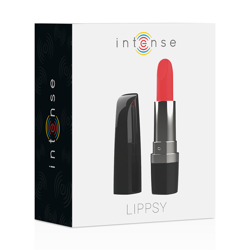Close-up do INTENSE Mini Vibrador Lippsy, destacando seu design elegante em formato de batom e ponta de silicone macia.