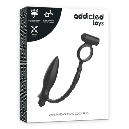 Close-up of the ADDICTED TOYS Vibrating Anal Plug with Penile Ring, showing its silicone texture and features.