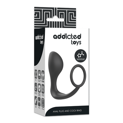 ADDICTED TOYS Plug Anal com Anel Peniano de Silicone Preto, exibindo o design e a textura macia.