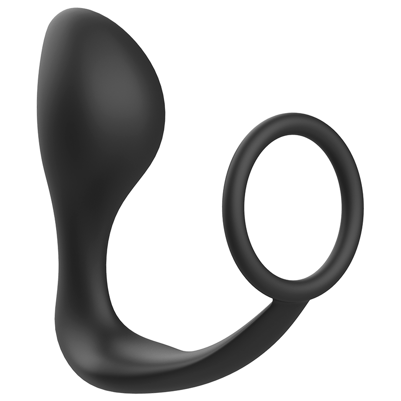 ADDICTED TOYS Plug Anal com Anel Peniano de Silicone Preto, exibindo o design e a textura macia.