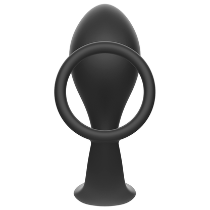 ADDICTED TOYS Plug Anal com Anel Peniano de Silicone Preto, exibindo o design e a textura macia.