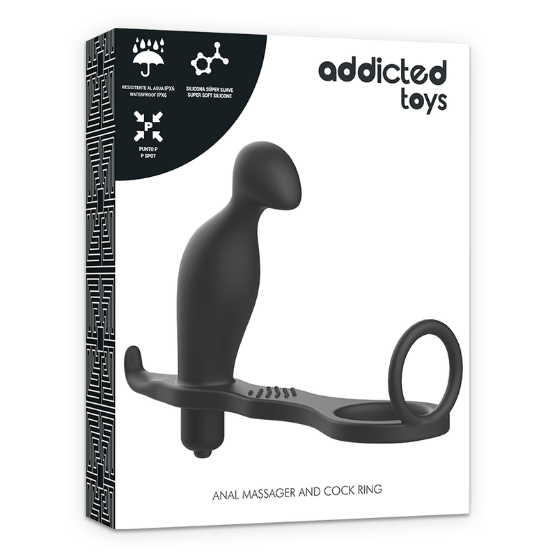 Plug anal vibrador ADDICTED TOYS com anel peniano de silicone preto 12 cm