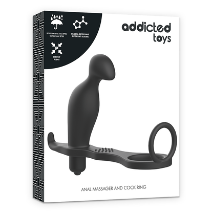 Plug anal vibrador ADDICTED TOYS com anel peniano de silicone preto 12 cm
