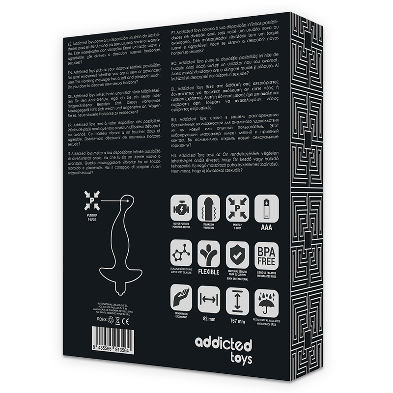 ADDICTED TOYS Massageador Anal Vibratório de Silicone Preto, detalhe da textura suave e design ergonómico para estimulação da próstata.